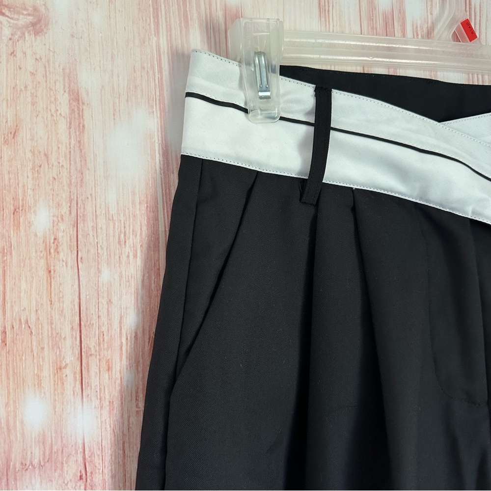 Commense Black Asymmetrical White Contrast Waistband Wide Leg Dress Pants - Picture 8 of 11
